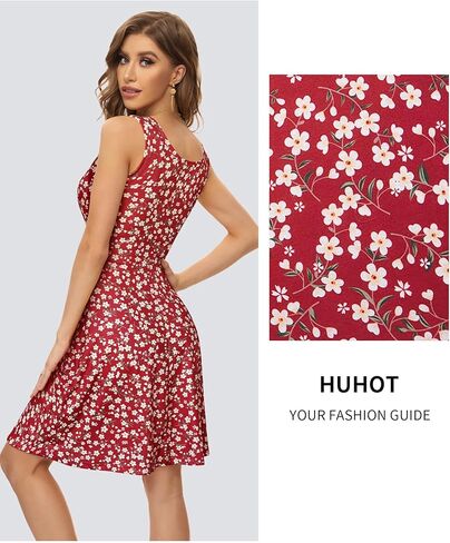 HUHOT Womens Sleeveless V Neck Dress with Pocket Summer Beach Midi Flared Tank Dress in Kuwait