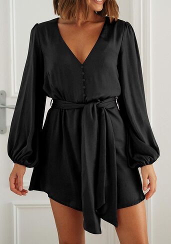 فساتين رسمية قصيرة للسيدات من PRETTYGARDEN بأكمام طويلة منتفخة ورقبة على شكل حرف V لحفلات الكوكتيل وحزام in Kuwait