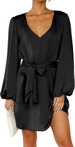 فساتين رسمية قصيرة للسيدات من PRETTYGARDEN بأكمام طويلة منتفخة ورقبة على شكل حرف V لحفلات الكوكتيل وحزام in Kuwait