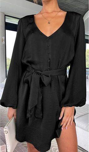 فساتين رسمية قصيرة للسيدات من PRETTYGARDEN بأكمام طويلة منتفخة ورقبة على شكل حرف V لحفلات الكوكتيل وحزام in Kuwait