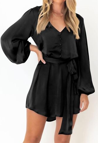 فساتين رسمية قصيرة للسيدات من PRETTYGARDEN بأكمام طويلة منتفخة ورقبة على شكل حرف V لحفلات الكوكتيل وحزام in Kuwait