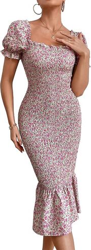 PRETTYGARDEN Summer Floral Bodycon Midi Dresses 2026 Puff Sleeve Mermaid Cocktail Baby Shower Photoshoot Maternity Dress in Saudi Arabia