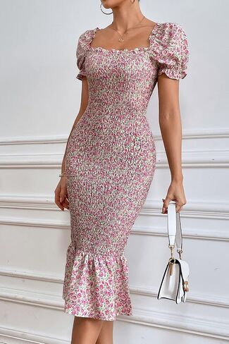 PRETTYGARDEN Summer Floral Bodycon Midi Dresses 2026 Puff Sleeve Mermaid Cocktail Baby Shower Photoshoot Maternity Dress in Saudi Arabia