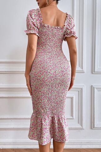 PRETTYGARDEN Summer Floral Bodycon Midi Dresses 2026 Puff Sleeve Mermaid Cocktail Baby Shower Photoshoot Maternity Dress in Saudi Arabia