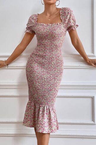PRETTYGARDEN Summer Floral Bodycon Midi Dresses 2026 Puff Sleeve Mermaid Cocktail Baby Shower Photoshoot Maternity Dress in Saudi Arabia
