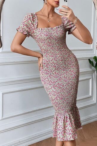 PRETTYGARDEN Summer Floral Bodycon Midi Dresses 2026 Puff Sleeve Mermaid Cocktail Baby Shower Photoshoot Maternity Dress in Saudi Arabia