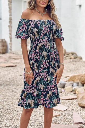 PRETTYGARDEN Summer Floral Bodycon Midi Dresses 2026 Puff Sleeve Mermaid Cocktail Baby Shower Photoshoot Maternity Dress in Saudi Arabia