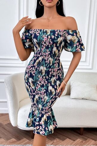 PRETTYGARDEN Summer Floral Bodycon Midi Dresses 2026 Puff Sleeve Mermaid Cocktail Baby Shower Photoshoot Maternity Dress in Saudi Arabia