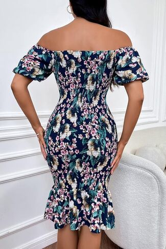 PRETTYGARDEN Summer Floral Bodycon Midi Dresses 2026 Puff Sleeve Mermaid Cocktail Baby Shower Photoshoot Maternity Dress in Saudi Arabia