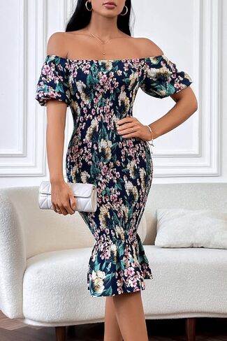PRETTYGARDEN Summer Floral Bodycon Midi Dresses 2026 Puff Sleeve Mermaid Cocktail Baby Shower Photoshoot Maternity Dress in Saudi Arabia