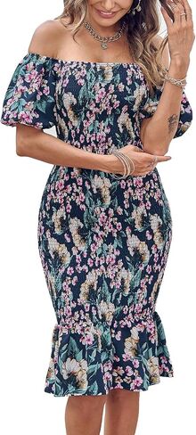 PRETTYGARDEN Summer Floral Bodycon Midi Dresses 2026 Puff Sleeve Mermaid Cocktail Baby Shower Photoshoot Maternity Dress in Saudi Arabia
