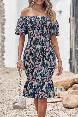 PRETTYGARDEN Summer Floral Bodycon Midi Dresses 2026 Puff Sleeve Mermaid Cocktail Baby Shower Photoshoot Maternity Dress in Saudi Arabia