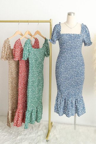 فستان PRETTYGARDEN نسائي صيفي متوسط ​​الطول بنقشة الزهور وأكمام قصيرة ورقبة مربعة وحاشية مكشكشة فستان كوكتيل حورية البحر in Kuwait