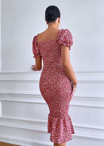 فستان PRETTYGARDEN نسائي صيفي متوسط ​​الطول بنقشة الزهور وأكمام قصيرة ورقبة مربعة وحاشية مكشكشة فستان كوكتيل حورية البحر in Kuwait