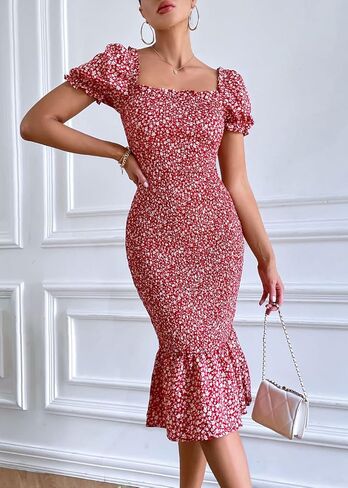 فستان PRETTYGARDEN نسائي صيفي متوسط ​​الطول بنقشة الزهور وأكمام قصيرة ورقبة مربعة وحاشية مكشكشة فستان كوكتيل حورية البحر in Kuwait