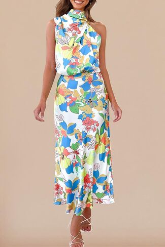PRETTYGARDEN Women's 2023 Summer Satin Dress Elegant Sleeveless Mock Neck Cocktail Party Maxi Dresses in Kuwait