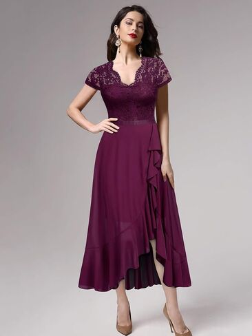 Miusol Women's V Neck Elegant Lace Ruffle Bridesmaid Maxi Dress in Saudi Arabia