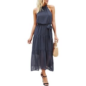 PRETTYGARDEN Women's Casual Halter Neck Sleeveless Floral Long Maxi Dress Backless Loose Ruffle Sundress with Belt in Kuwait