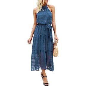 PRETTYGARDEN Women's Casual Halter Neck Sleeveless Floral Long Maxi Dress Backless Loose Ruffle Sundress with Belt in Kuwait