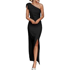 PRETTYGARDEN Women's Summer One Shoulder Long Formal Dresses Sleeveless Ruched Bodycon Wedding Guest Slit Maxi Dress in Saudi Arabia
