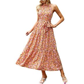 PRETTYGARDEN Women's Summer Floral Maxi Sun Dress Sleeveless Halter Neck Flowy Ruffle Hem Long Boho Dresses with Belt in Saudi Arabia