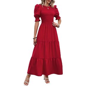 BTFBM Women Casual Summer Dresses 2023 Spring Crew Neck Ruffle Short Sleeve Floral Leopard Smocked Boho Flowy Maxi Dress in Saudi Arabia