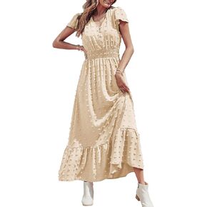 PRETTYGARDEN Womens Dresses 2023 Boho Dress Short Sleeve V Neck Swiss Dot Ruffle Tiered Maxi Dress Smocked Cocktail Dresses in Kuwait