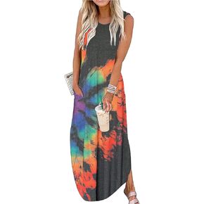 CHUNTIANRAN Women's Maxi Dress Summer Casual Sundress Sleeveless Long Dresses Hawaiian Beach Maxi Dress with Pockets