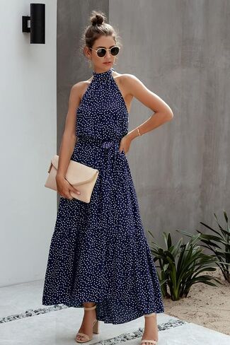 فستان PRETTYGARDEN نسائي كاجوال برقبة رسن بدون أكمام ومزين بالزهور طويل ماكسي بدون ظهر فضفاض مكشكش مع حزام in Kuwait
