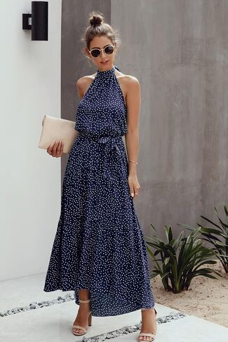 فستان PRETTYGARDEN نسائي كاجوال برقبة رسن بدون أكمام ومزين بالزهور طويل ماكسي بدون ظهر فضفاض مكشكش مع حزام in Kuwait