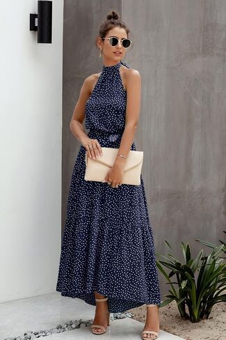 فستان PRETTYGARDEN نسائي كاجوال برقبة رسن بدون أكمام ومزين بالزهور طويل ماكسي بدون ظهر فضفاض مكشكش مع حزام in Kuwait