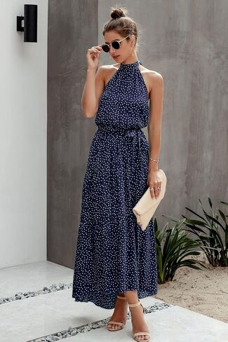 فستان PRETTYGARDEN نسائي كاجوال برقبة رسن بدون أكمام ومزين بالزهور طويل ماكسي بدون ظهر فضفاض مكشكش مع حزام in Kuwait