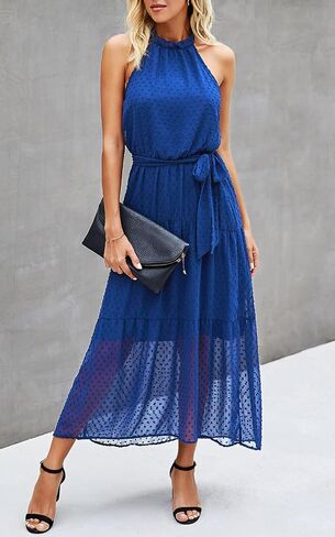 فستان PRETTYGARDEN نسائي كاجوال برقبة رسن بدون أكمام ومزين بالزهور طويل ماكسي بدون ظهر فضفاض مكشكش مع حزام in Kuwait