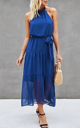 فستان PRETTYGARDEN نسائي كاجوال برقبة رسن بدون أكمام ومزين بالزهور طويل ماكسي بدون ظهر فضفاض مكشكش مع حزام in Kuwait
