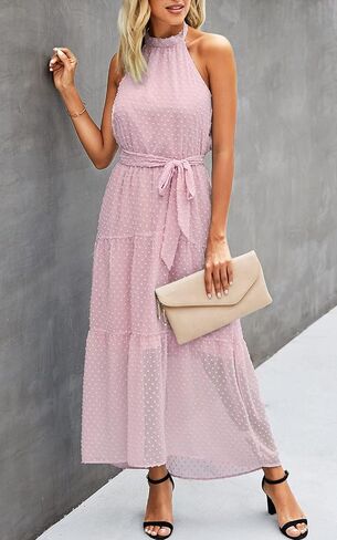 فستان PRETTYGARDEN نسائي كاجوال برقبة رسن بدون أكمام ومزين بالزهور طويل ماكسي بدون ظهر فضفاض مكشكش مع حزام in Kuwait