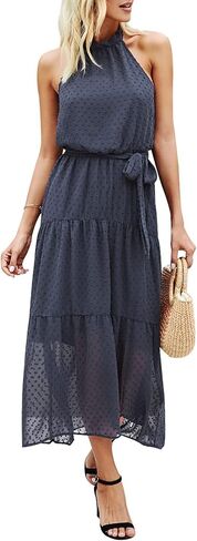 PRETTYGARDEN Women's Casual Halter Neck Sleeveless Floral Long Maxi Dress Backless Loose Ruffle Sundress with Belt in Kuwait