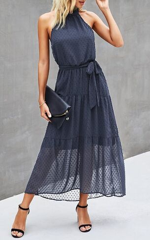 PRETTYGARDEN Women's Casual Halter Neck Sleeveless Floral Long Maxi Dress Backless Loose Ruffle Sundress with Belt in Kuwait
