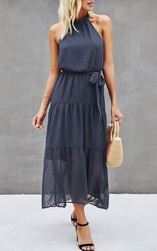 PRETTYGARDEN Women's Casual Halter Neck Sleeveless Floral Long Maxi Dress Backless Loose Ruffle Sundress with Belt in Kuwait