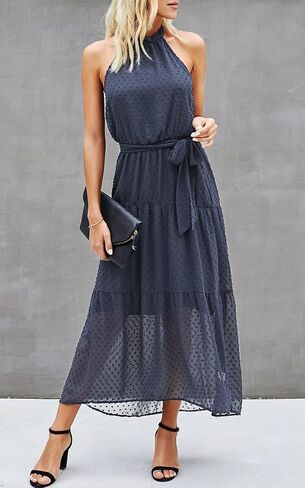 PRETTYGARDEN Women's Casual Halter Neck Sleeveless Floral Long Maxi Dress Backless Loose Ruffle Sundress with Belt in Kuwait