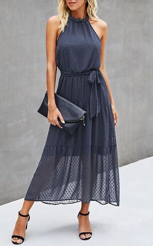 PRETTYGARDEN Women's Casual Halter Neck Sleeveless Floral Long Maxi Dress Backless Loose Ruffle Sundress with Belt in Kuwait