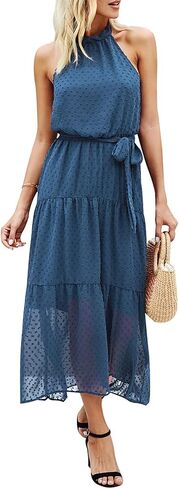 فستان PRETTYGARDEN نسائي كاجوال برقبة رسن بدون أكمام ومزين بالزهور طويل ماكسي بدون ظهر فضفاض مكشكش مع حزام in Kuwait