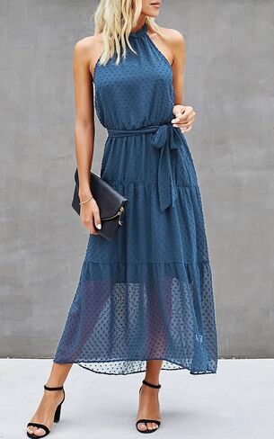 فستان PRETTYGARDEN نسائي كاجوال برقبة رسن بدون أكمام ومزين بالزهور طويل ماكسي بدون ظهر فضفاض مكشكش مع حزام in Kuwait