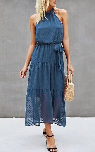 فستان PRETTYGARDEN نسائي كاجوال برقبة رسن بدون أكمام ومزين بالزهور طويل ماكسي بدون ظهر فضفاض مكشكش مع حزام in Kuwait