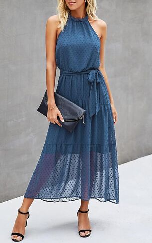 فستان PRETTYGARDEN نسائي كاجوال برقبة رسن بدون أكمام ومزين بالزهور طويل ماكسي بدون ظهر فضفاض مكشكش مع حزام in Kuwait