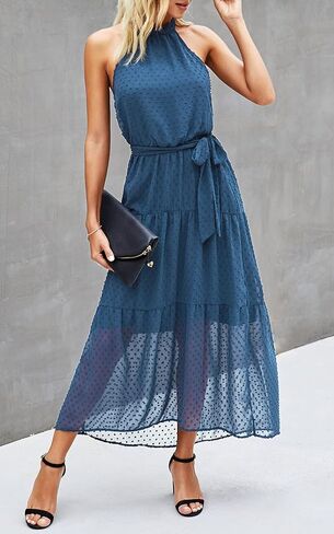 فستان PRETTYGARDEN نسائي كاجوال برقبة رسن بدون أكمام ومزين بالزهور طويل ماكسي بدون ظهر فضفاض مكشكش مع حزام in Kuwait