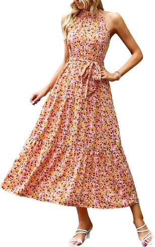PRETTYGARDEN Women's Summer Floral Maxi Sun Dress Sleeveless Halter Neck Flowy Ruffle Hem Long Boho Dresses with Belt in Kuwait