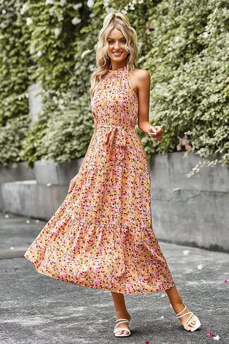 PRETTYGARDEN Women's Summer Floral Maxi Sun Dress Sleeveless Halter Neck Flowy Ruffle Hem Long Boho Dresses with Belt in Kuwait