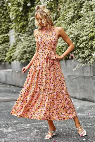 PRETTYGARDEN Women's Summer Floral Maxi Sun Dress Sleeveless Halter Neck Flowy Ruffle Hem Long Boho Dresses with Belt in Kuwait