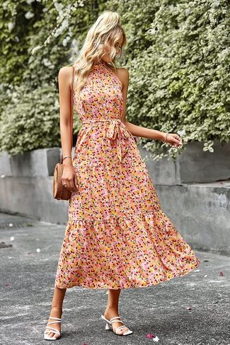 PRETTYGARDEN Women's Summer Floral Maxi Sun Dress Sleeveless Halter Neck Flowy Ruffle Hem Long Boho Dresses with Belt in Kuwait