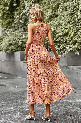 PRETTYGARDEN Women's Summer Floral Maxi Sun Dress Sleeveless Halter Neck Flowy Ruffle Hem Long Boho Dresses with Belt in Kuwait